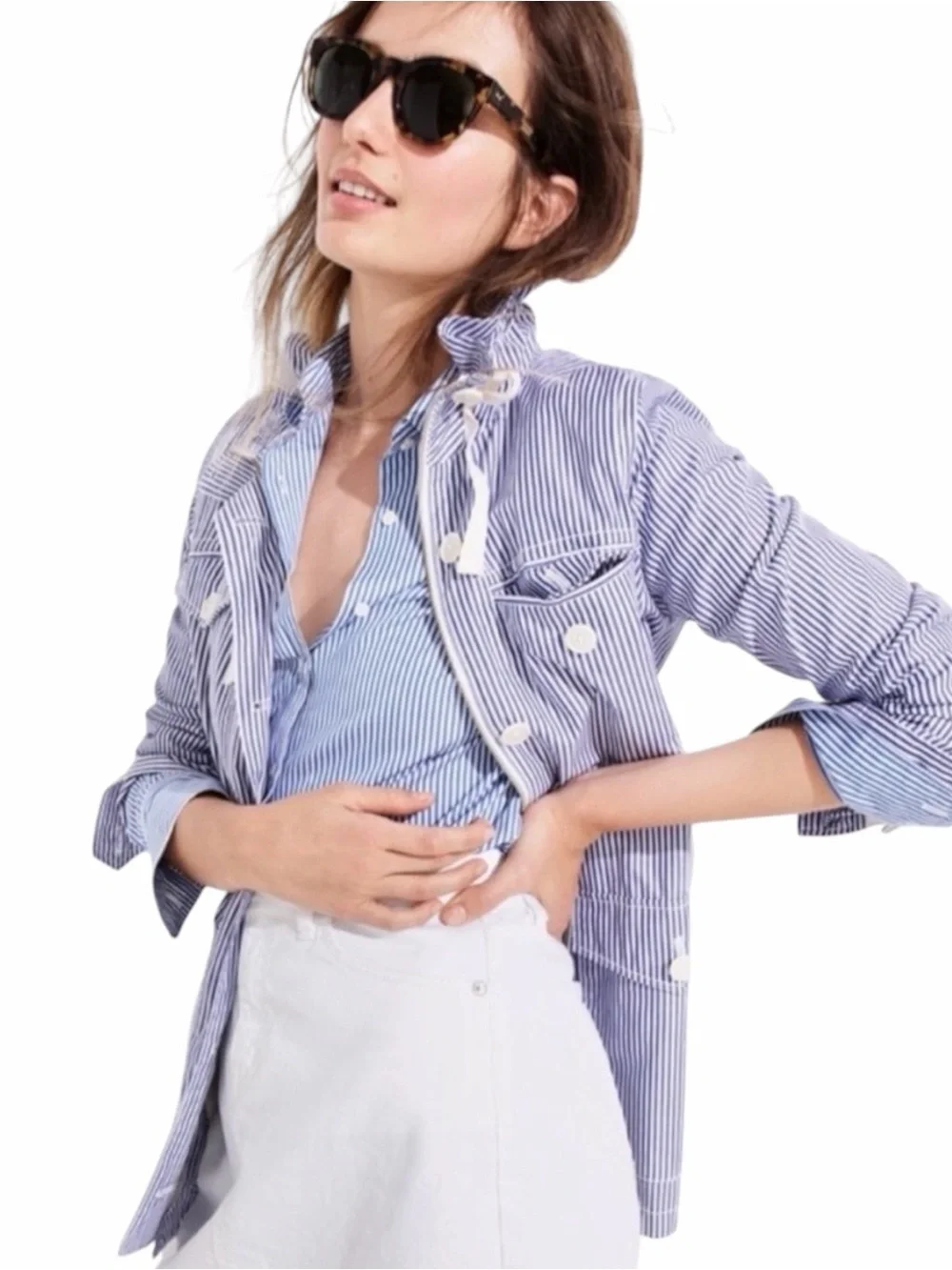 Title J.Crew – Blue White Striped Utility Anorak Jacket Tie Waist – Sz. PM